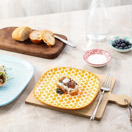 Porcelain Square Dessert Salad Pasta Plates 7.6 inches ceramic plates set of 6 microwave/dishwasher/oven safe, Assorted Colors