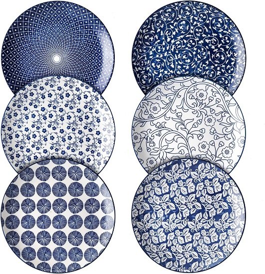 8 inch Porcelain Dinner Plates, Large Size Serving Plate for Salad, Pancakes, Steak, Set of 6, Vintage Blue